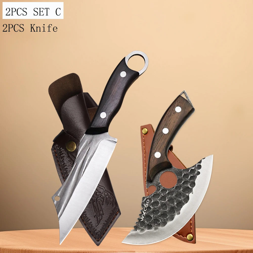 WXCOO High Carbon Forged Meat Cleaver & Chef Knife Set Kitchen Knife Set Axl 2PCS C
