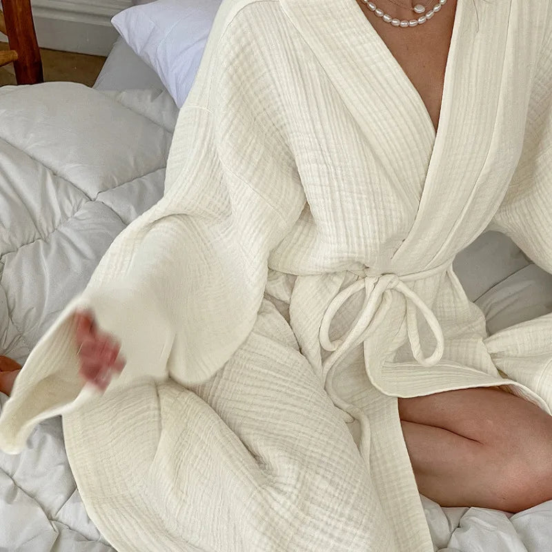 Women's Beige Long-Sleeve V-Neck Lace-Up Robe | Soft Loungewear Women's Loungewear Robe Axl