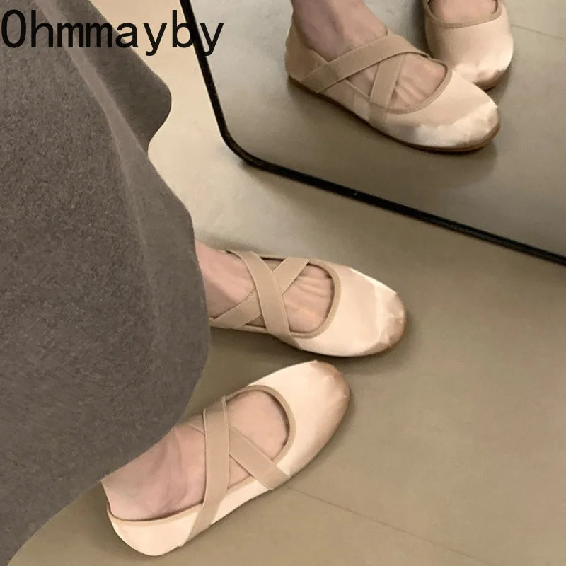 Women's Satin Cross Strap Ballet Flats – Elegant Slip-On Ballet Flat Shoes Axl