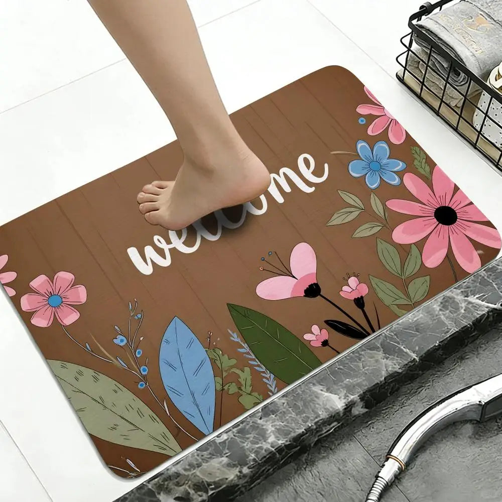 Diatomite Bath Mat – Floral Welcome Sign, Quick Dry & Non-Slip Diatomite Bath Mat Axl