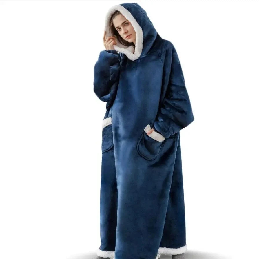Oversized Flannel Blanket Hoodie – Fleece Pullover Robe Fleece Blanket Robe Axl Blue L