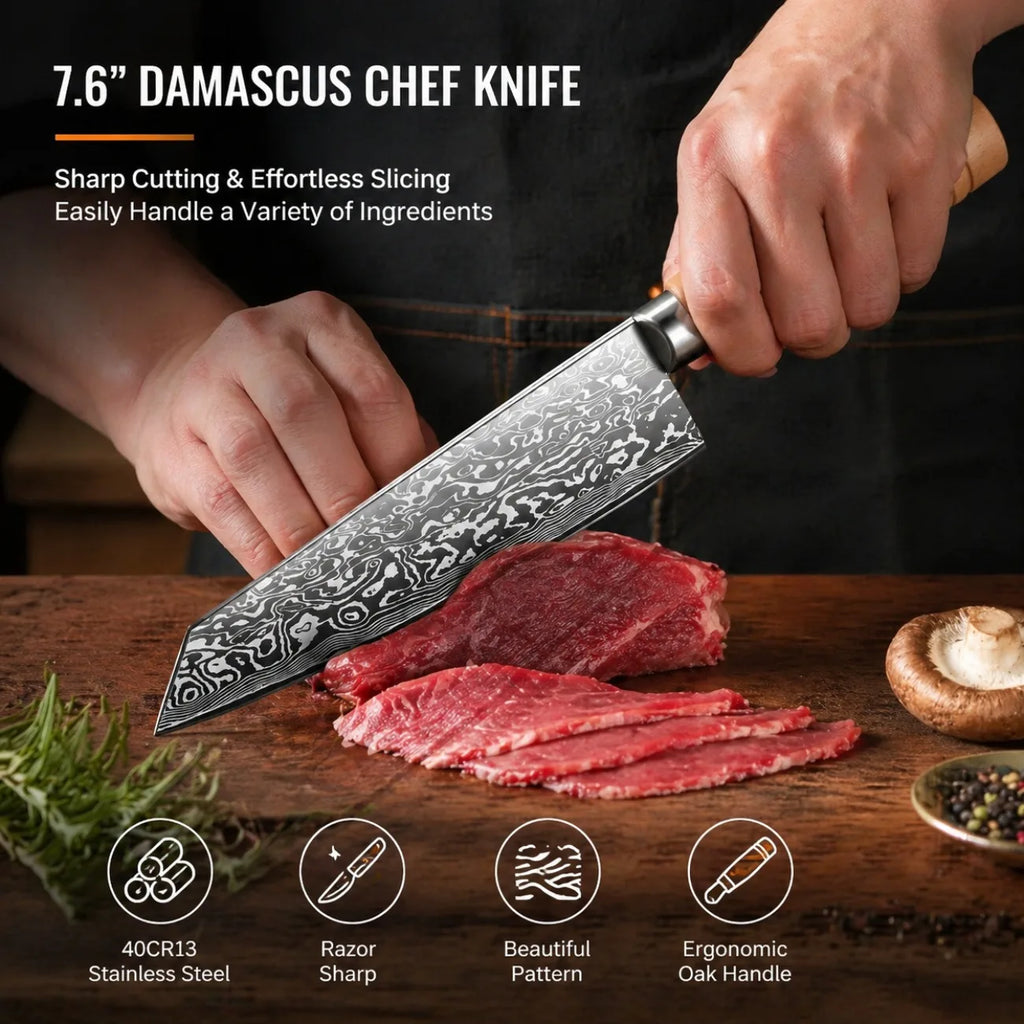 COOKCRAZE Japanese Chef's Knife – Damascus Steel & Oak Handle Chef's Knife Axl
