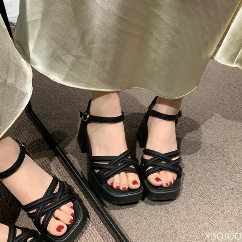 Women's Peep Toe Block Heel Buckle Sandals – Platform Style Block Heel Sandals Axl