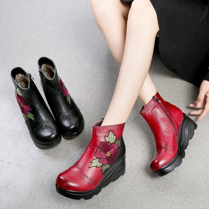 Lorilury Women's Embroidery Wedge Ankle Boots – Fur Lined Winter Women's Ankle Boots Axl