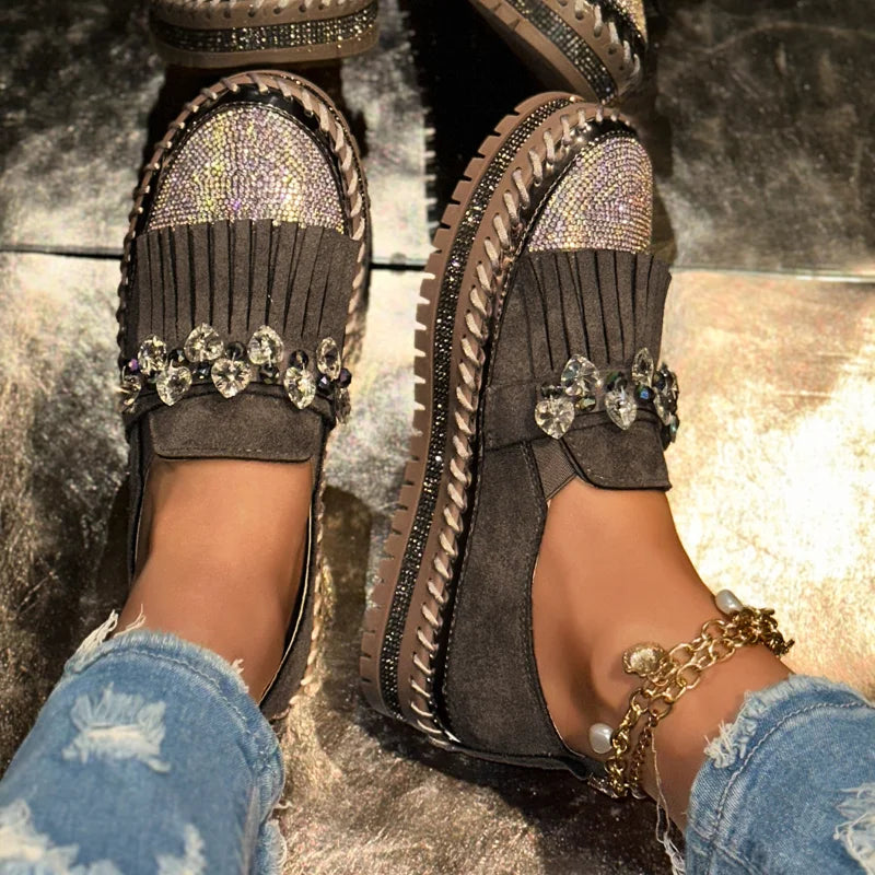 Women's Rhinestone Cow Suede Loafers – Flat Slip-On Shoes Suede Loafers Axl