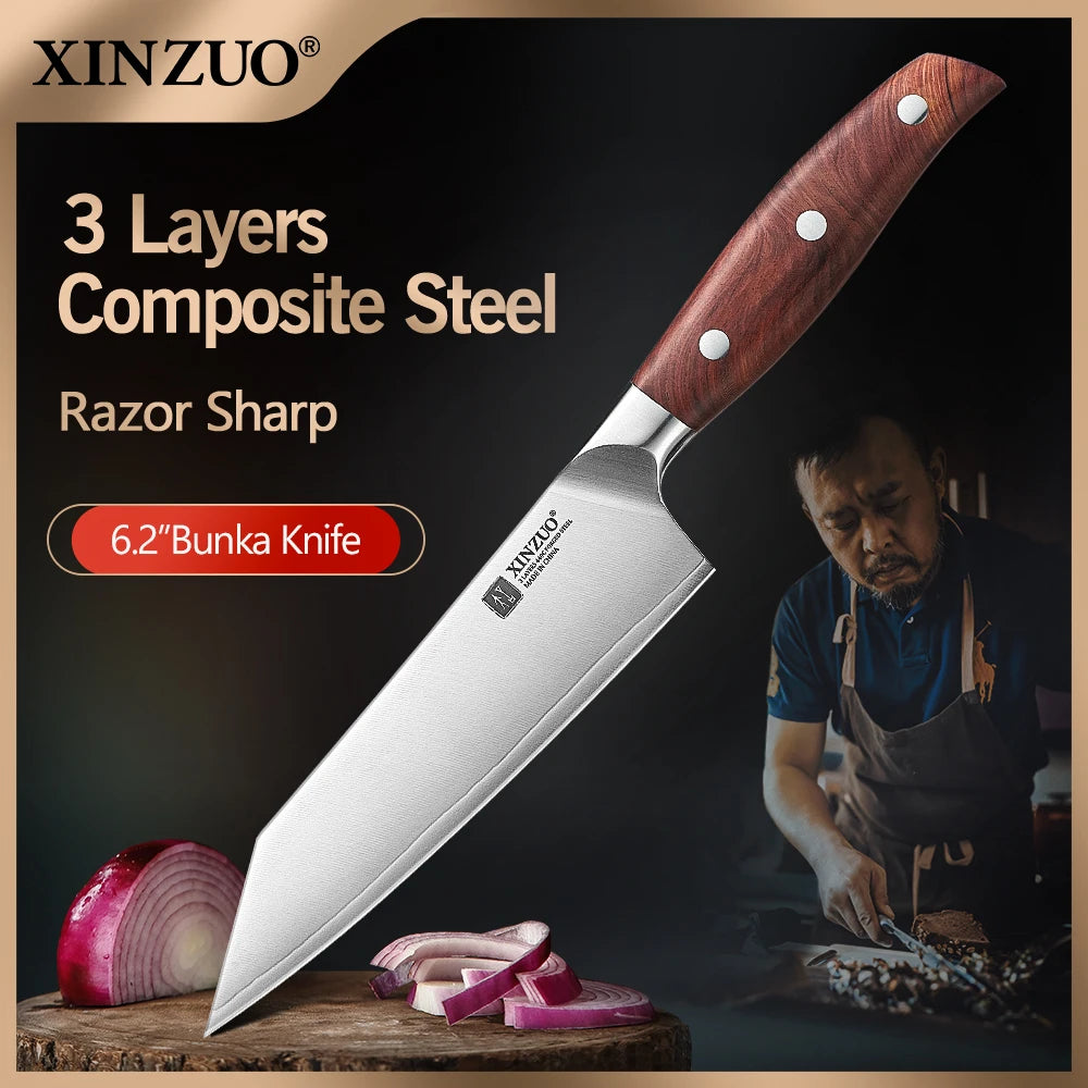 XINZUO 6" Bunka Knife – 3-Layer 440C Steel 60 HRC Red Wood Handle Bunka Kitchen Knife Axl Default Title