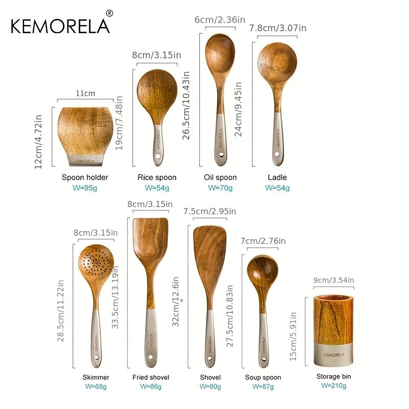 KEMORELA 9-Piece Acacia Wood Cooking Utensils Set with Holder Wooden Utensil Set Axl