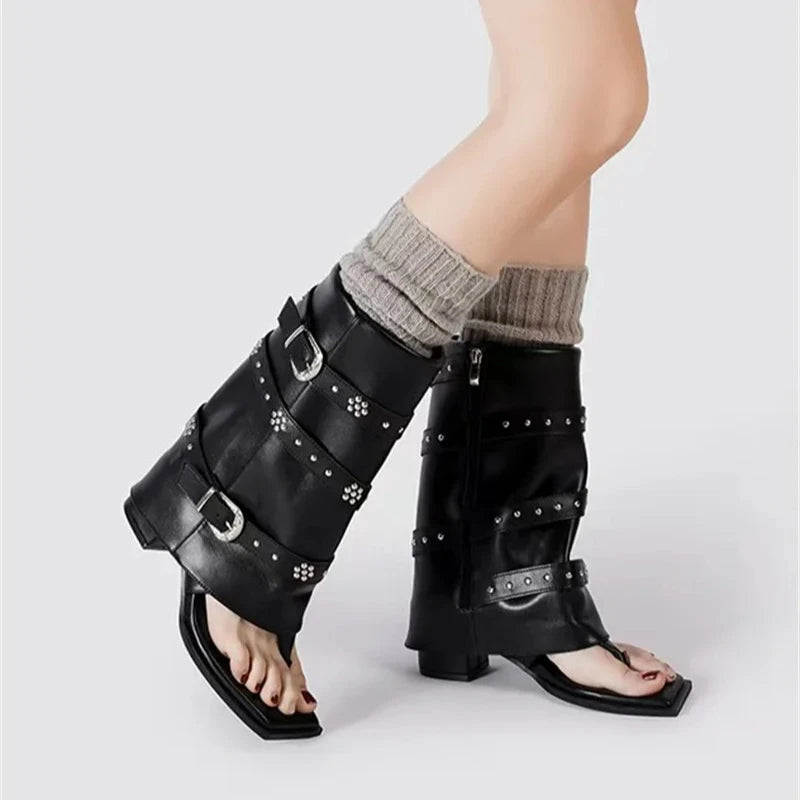 Women's Punk Ankle Boots | Square Toe High Heel Buckle Strap Punk Ankle Boots Axl
