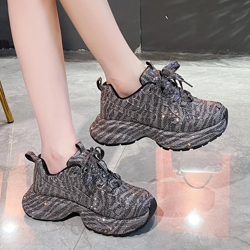 YEAE Women's Diamond Leopard Thick-Sole Sneakers | Lace-Up Fashion Sneakers Axl