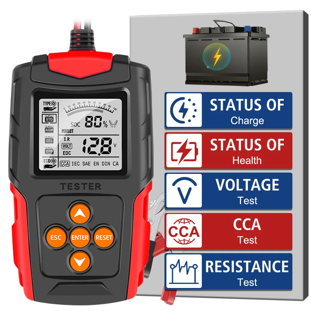 Digital 12V 24V Car Battery Tester – SOH SOC CCA IR Analyzer Battery Analyzer Axl