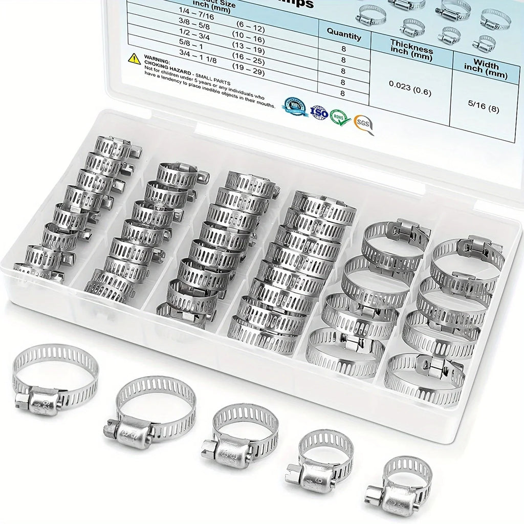 40-Pc Stainless Steel Worm Gear Hose Clamp Set 1/4"–1-1/8" Hose Clamp Set Axl