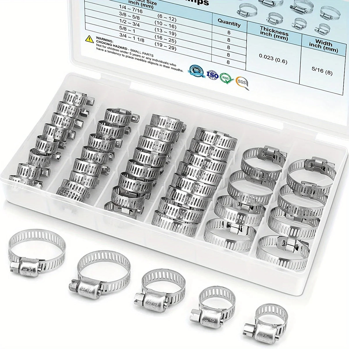 40-Pc Stainless Steel Worm Gear Hose Clamp Set 1/4"–1-1/8" Hose Clamp Set Axl