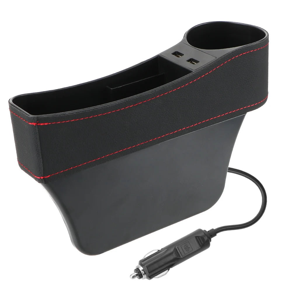 Car Seat Gap Organizer with Dual USB Charger | Leather Box Car Seat Organizer Axl Black left