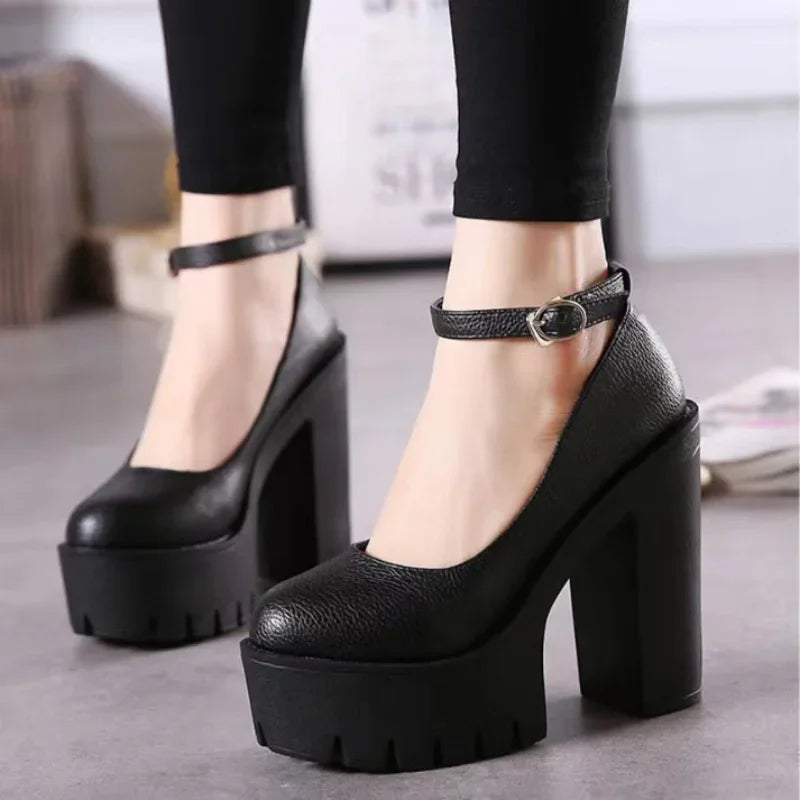 Pink Chunky Platform Pumps – Ankle Strap Square Heel Women Platform Pumps Axl