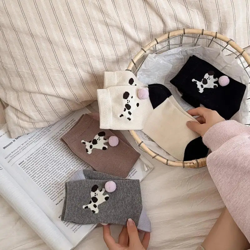 Cute Women's Puppy Socks – Animal Print Cotton Mid-Tube & Fur Ball Novelty Women's Socks Axl