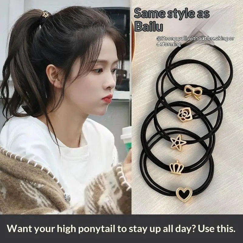 Alloy Charm Elastic Hair Ties 5/10 Pcs – Heart Flower Pentagram Elastic Hair Ties Axl