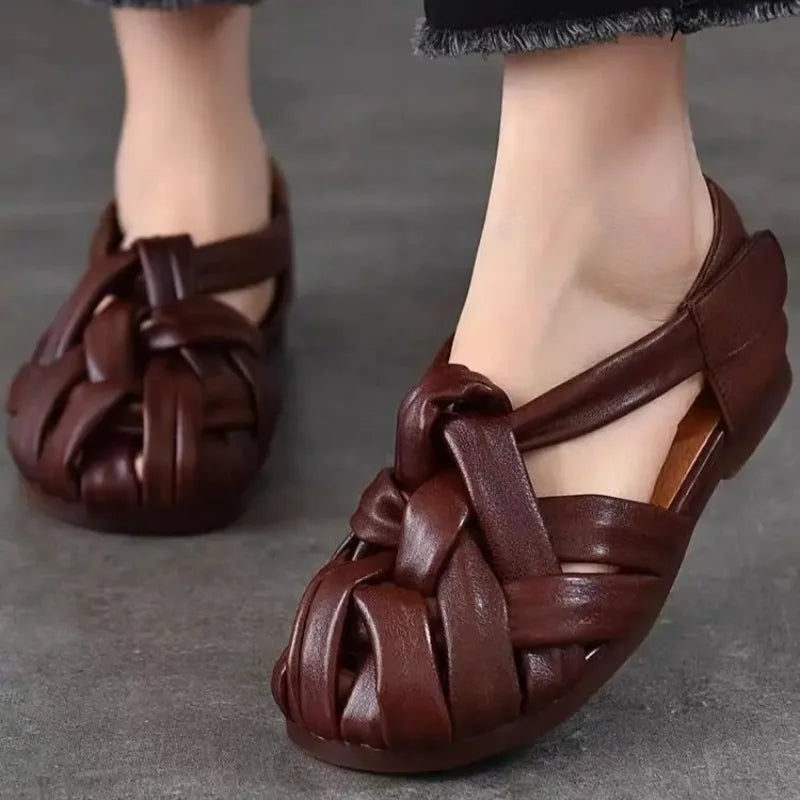 Women's Braided Genuine Leather Flat Slingback Sandals Women's Flat Sandals Axl