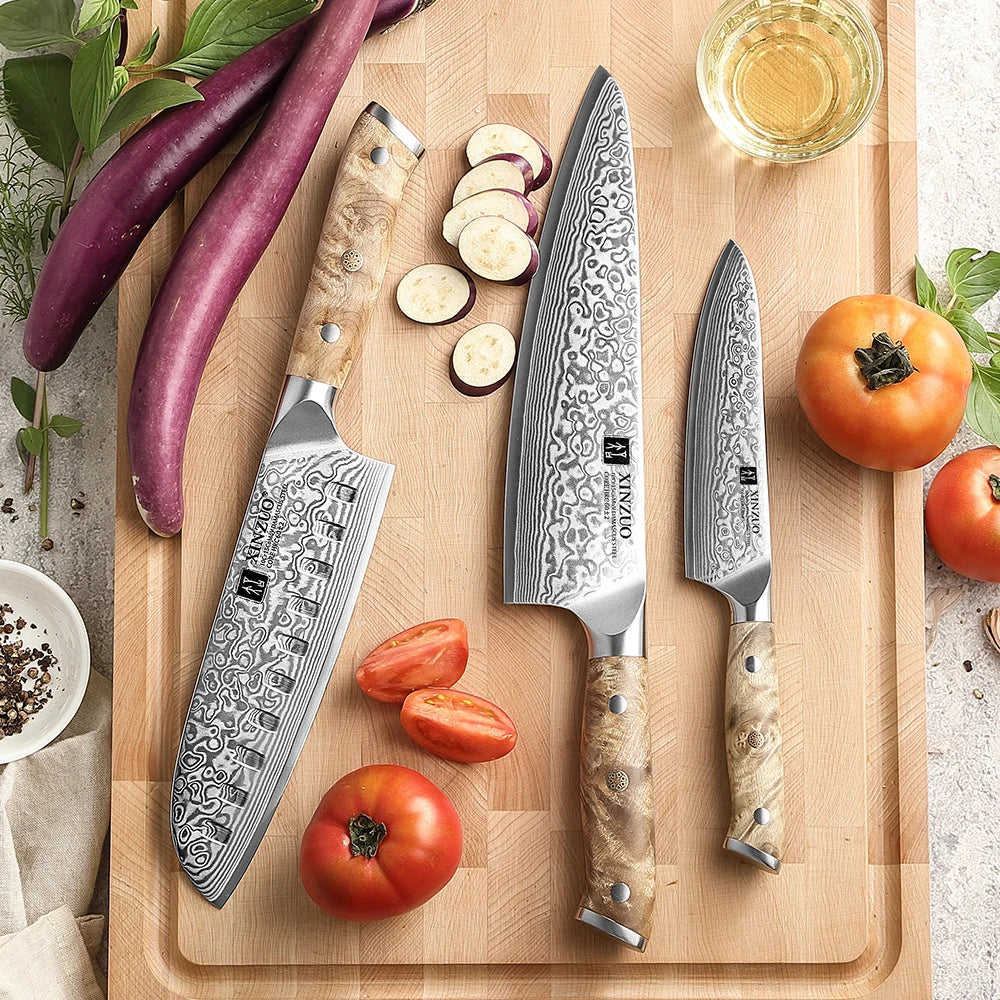 XINZUO 3-Pc Damascus Steel Knife Set – Chef, Santoku & Utility Damascus Knife Set Axl