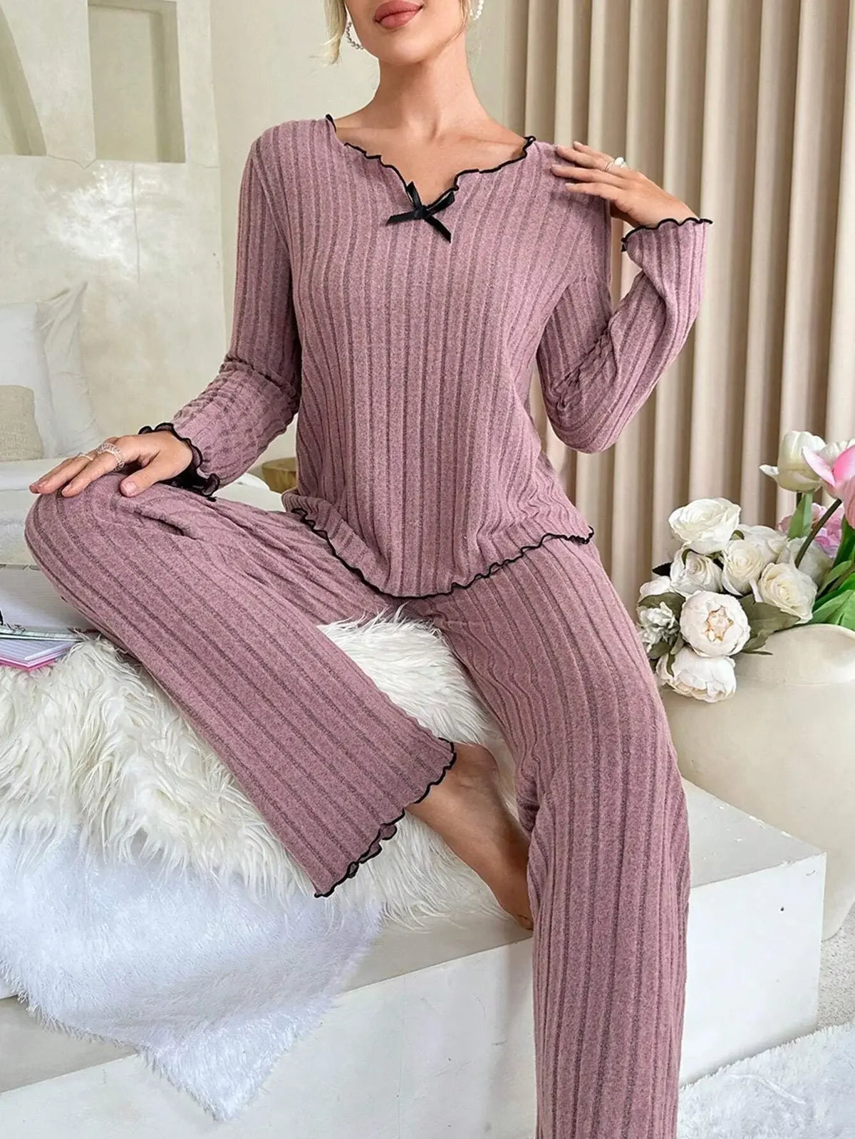 Women's Ribbed Pajama Set – Long Sleeve Top & Pants | 2-Piece Women's Pajama Set Axl purple M