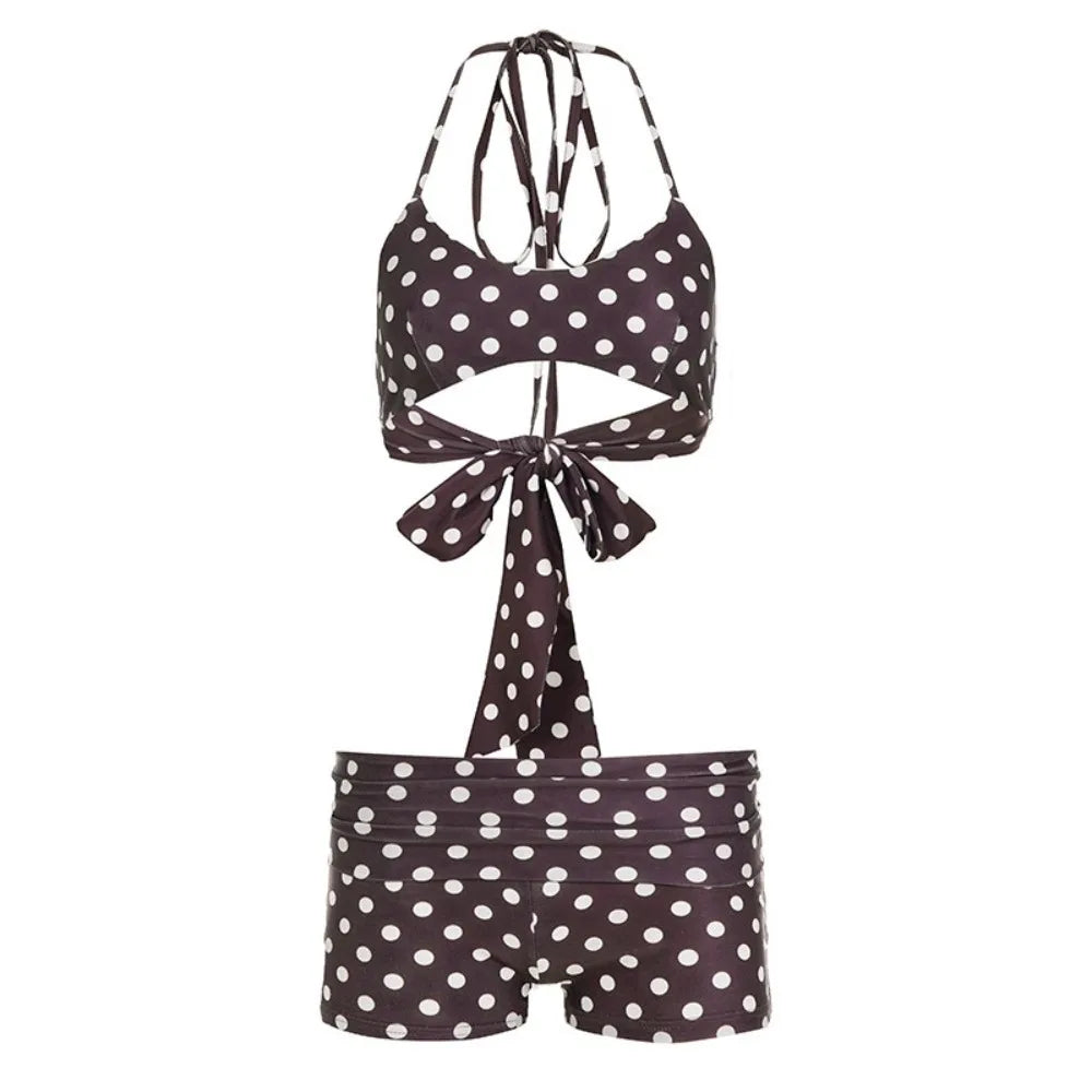 Halter Neck Ruffled Bikini Set – Lace-Up Top & Boxer Shorts Bikini Swimwear Set Axl Coffee L