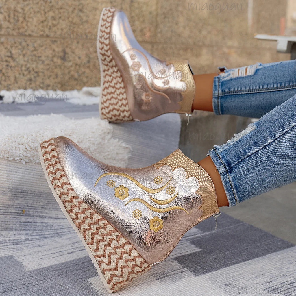 Women's Embroidery Wedge Ankle Boots | Retro Ethnic Platform Wedge Ankle Boots Axl