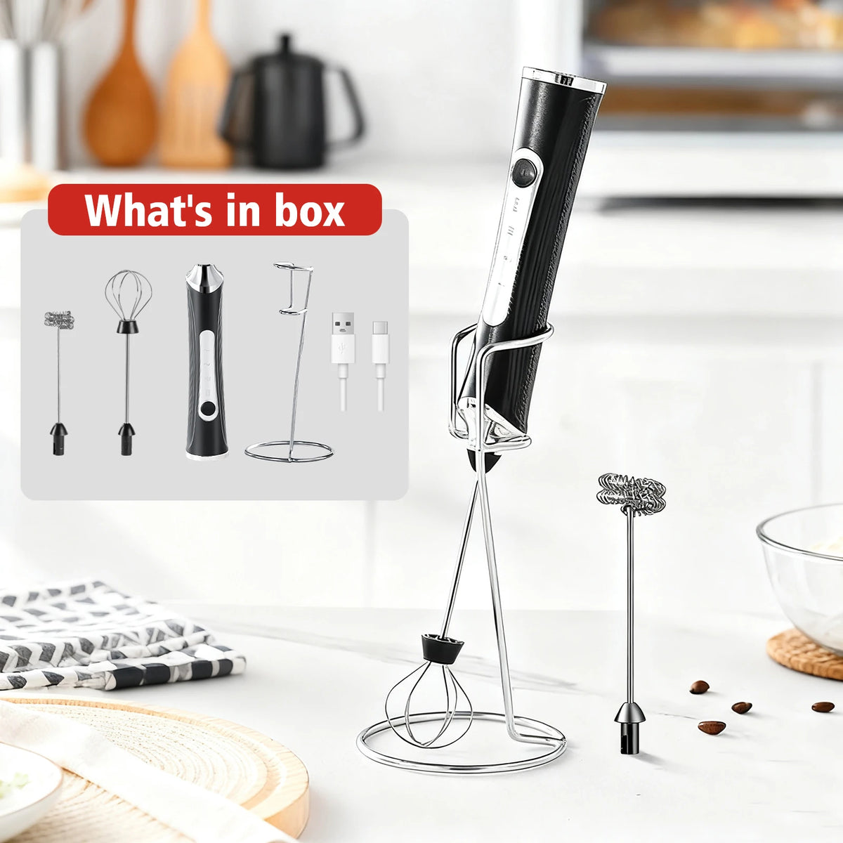 Rechargeable Milk Frother Wand with Stand – 12000 RPM Milk Frother Wand Axl Black and holder