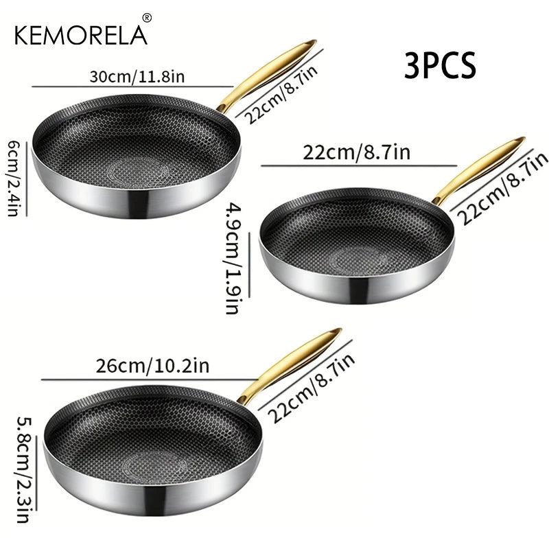 KEMORELA 3-Piece 316 Stainless Steel Honeycomb Frying Pan Set Frying Pan Set Axl 22cm 26cm 30cm