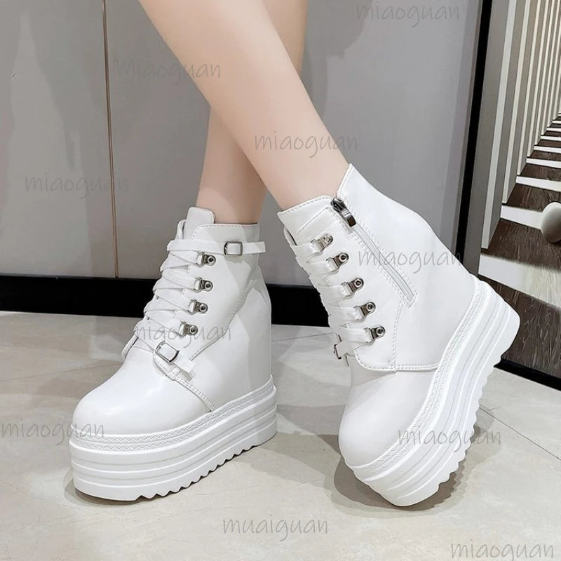 Women's 6CM Platform Wedge Ankle Boots – Metal Buckle Strap Platform Wedge Boots Axl