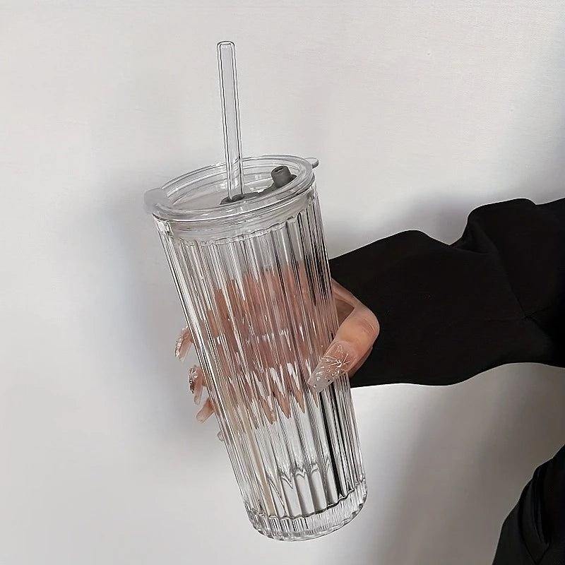 Crystal Grid Glass Tumbler with Straw & Lid | Large Capacity Glass Tumbler Axl Vertical lines 700ML