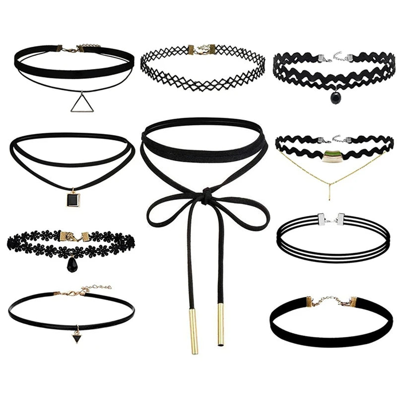 10-Piece Black Velvet Choker Necklace Set – Gothic & Classic Choker Necklace Set Axl