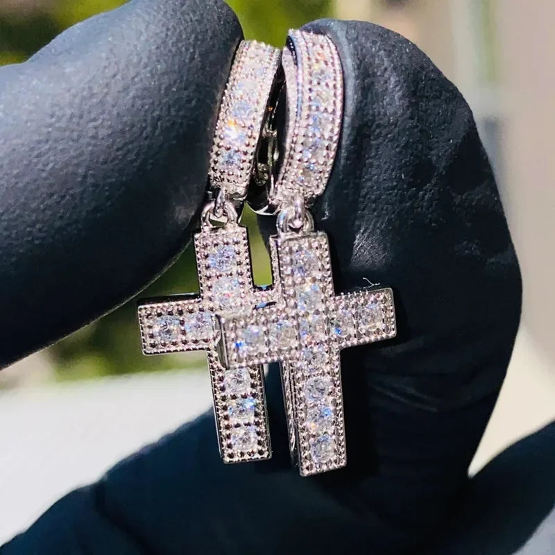 Huitan Crystal CZ Cross Dangle Earrings | Hip Hop Statement Crystal Drop Earrings Axl