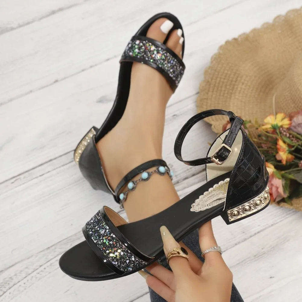 Women's Plus Size Glitter Ankle Strap Low Heel Sandals Low Heel Sandals Axl