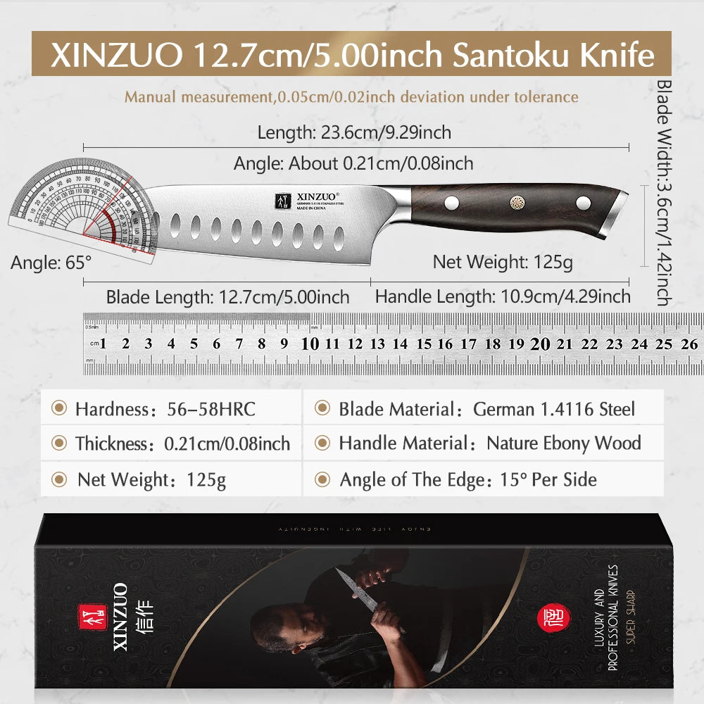 XINZUO 5-Inch Santoku Knife | German DIN 1.4116 Steel & Ebony Handle Santoku Knife Axl