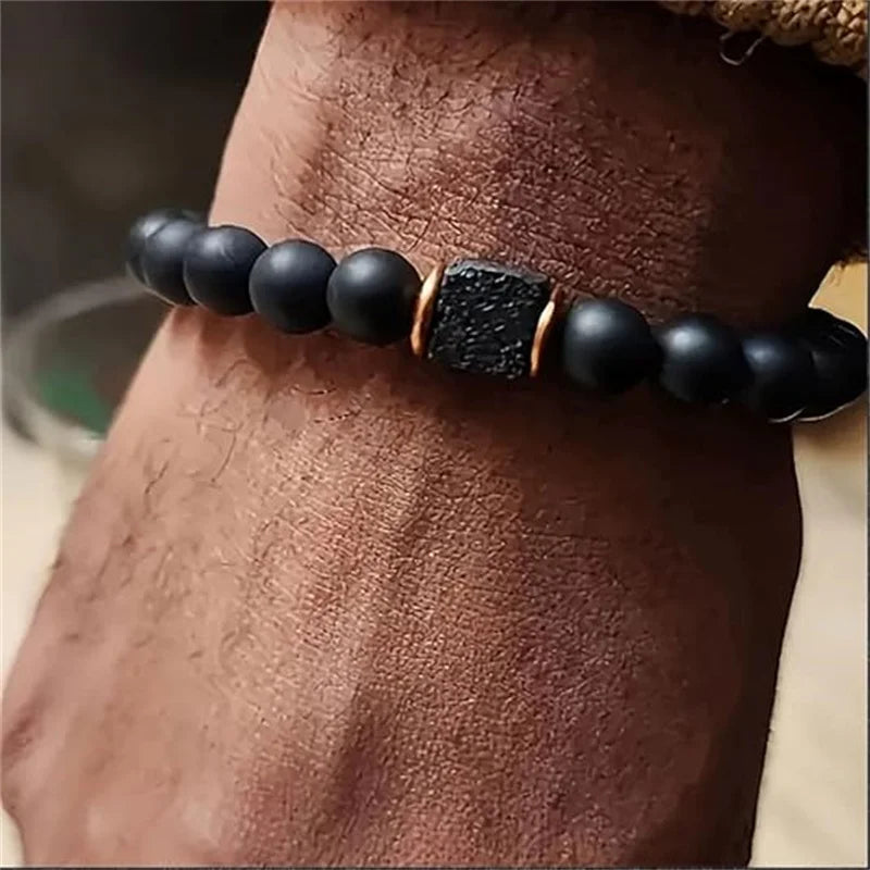 Men's 8mm Black Onyx & Lava Stone Beaded Bracelet Elastic Beaded Stone Bracelet Axl