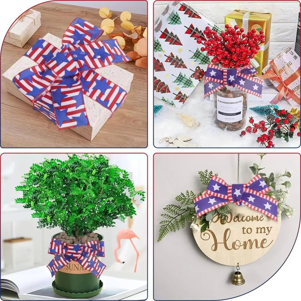 Patriotic Star Ribbon 2 Rolls – Red White Blue Polyester 60mm Decorative Ribbon Axl