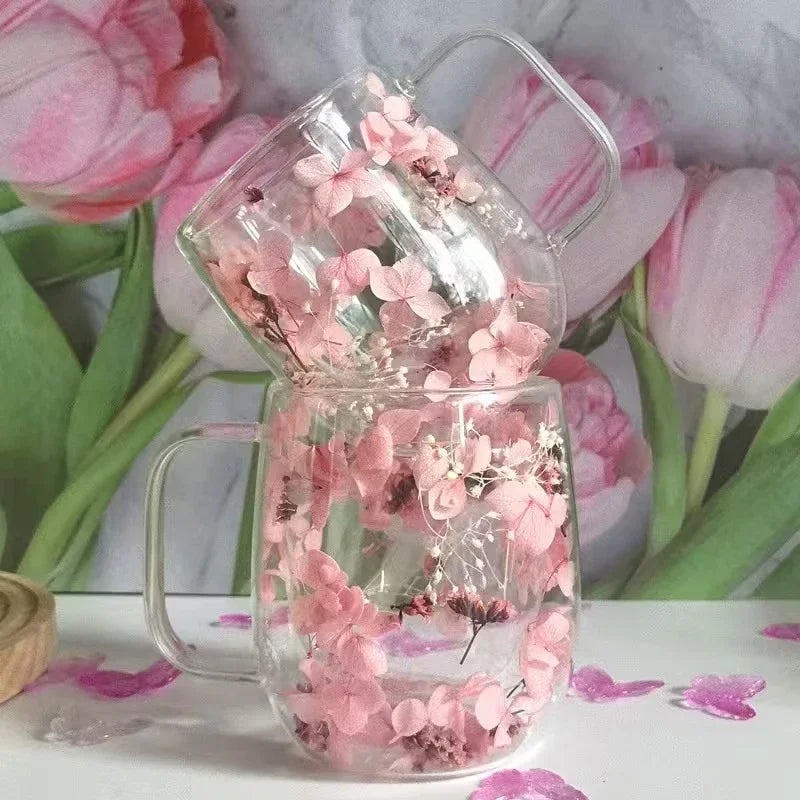 Double-Walled Glass Coffee Mug with Real Flower Design Glass Coffee Mug Axl A