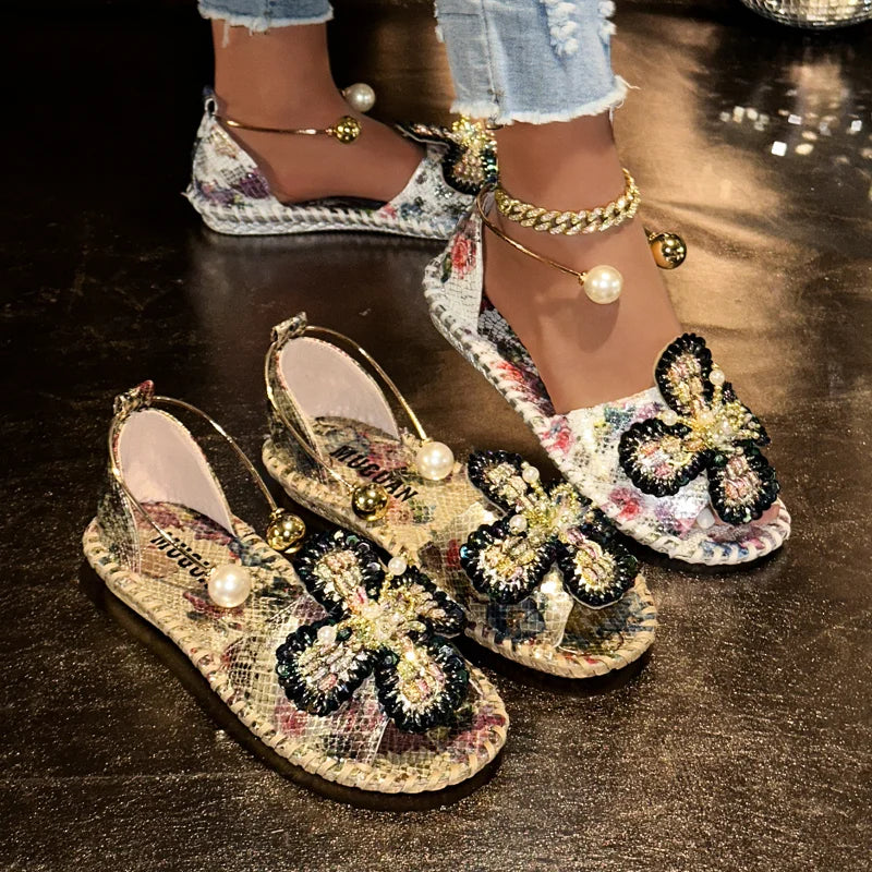 UXST Women's Beaded Pearl Flower Flat Slip-On Sandals Women's Flat Sandals Axl