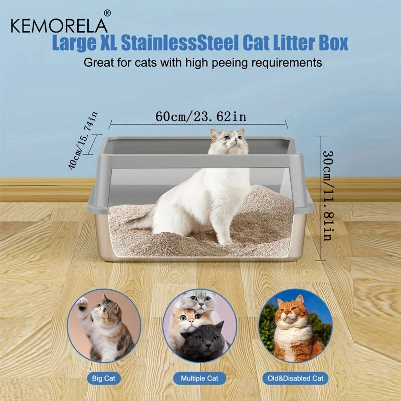 KEMORELA XL Stainless Steel Cat Litter Box with Lid & Scoop Cat Litter Box Axl