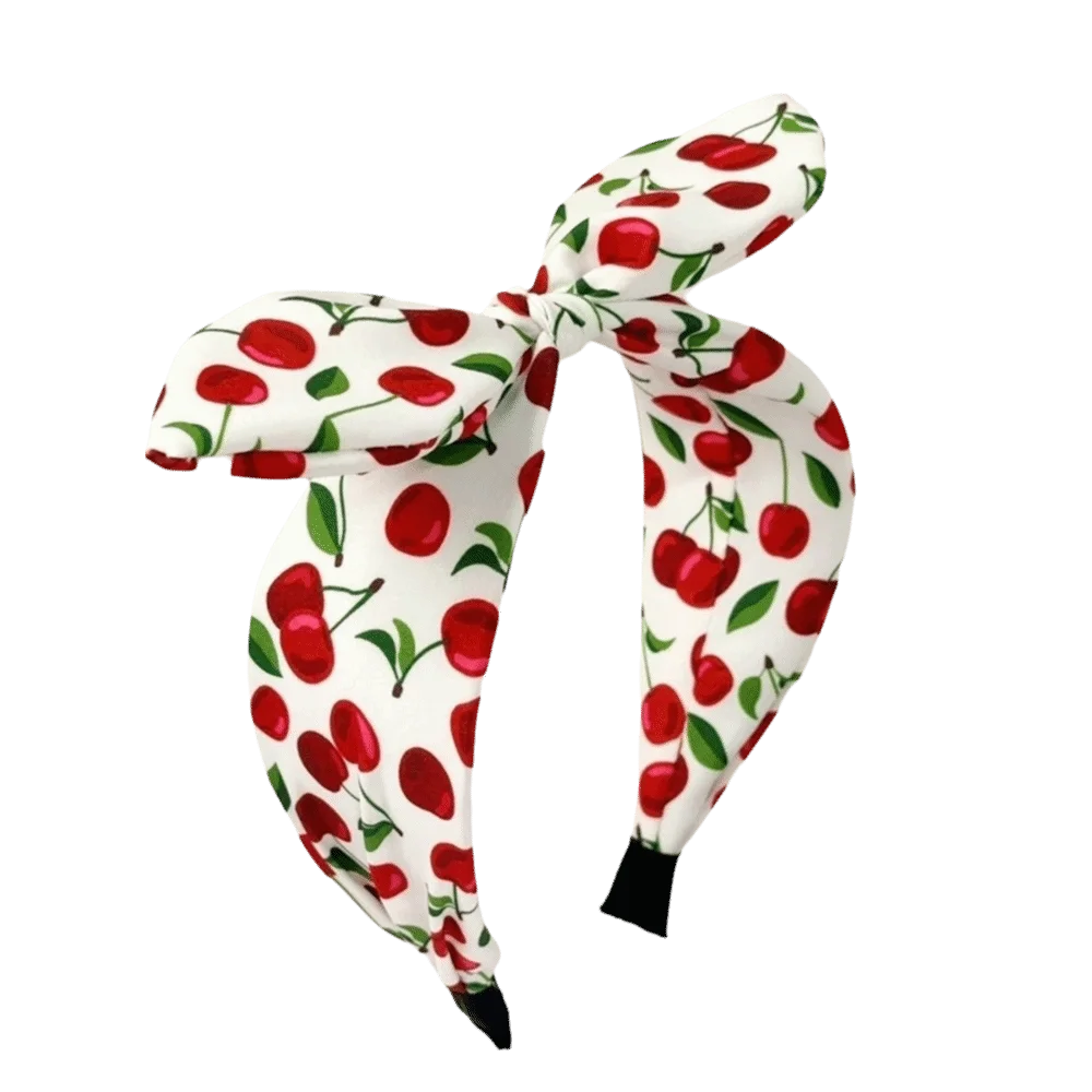 Cherry Print Bow Headband – Wide Knotted Rabbit Ear Hair Hoop Fashion Headband Axl White