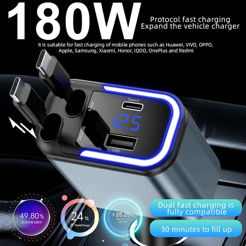 4-in-1 PD30W Retractable Car Charger USB-C & USB-A Fast Charge Retractable Car Charger Axl No starlight lamp