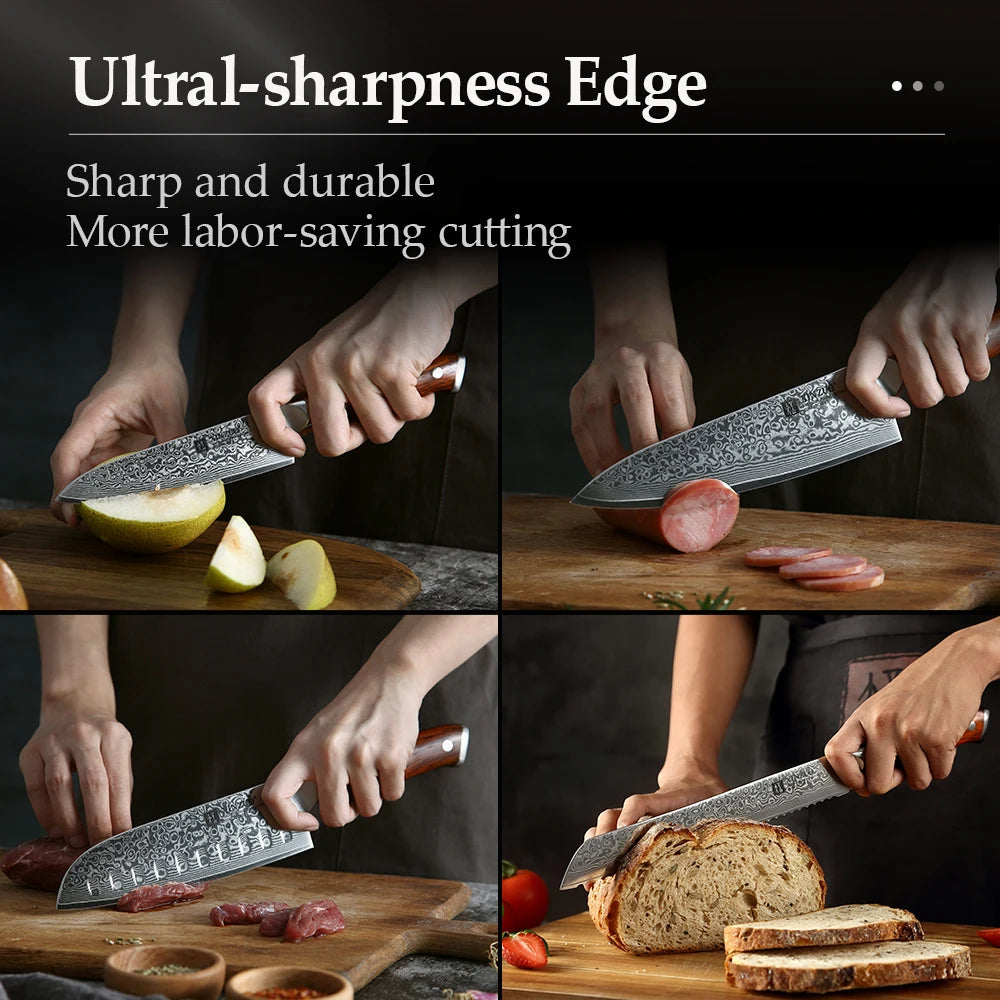 XINZUO 7-Pc VG10 Damascus Steel Knife Set | Rosewood Handle Damascus Knife Set Axl