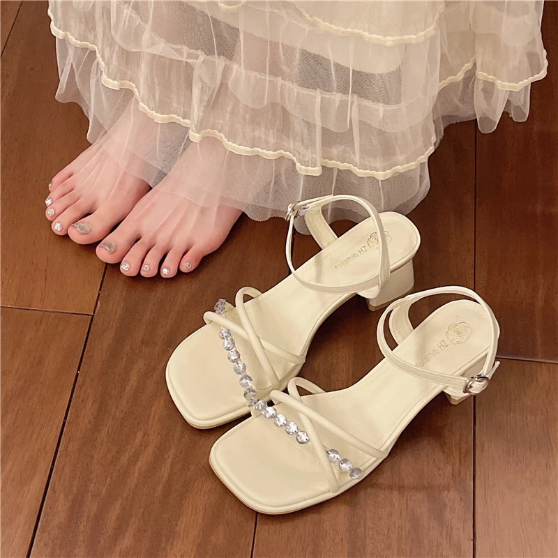 Women's Rhinestone Square Heel Sandals – Casual Buckle Strap Women's Heeled Sandals Axl