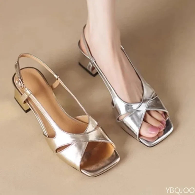 Women's Open-Toe Square Heel Sandals | Buckle Strap Summer Heels Block Heel Sandals Axl