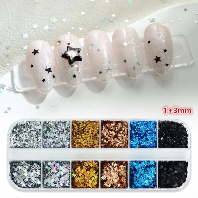 Laser Nail Glitter Set – Heart & Star 12-Color Holographic Nail Art Glitter Axl Star