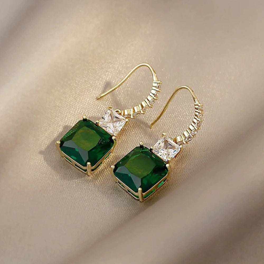 Huitan Green CZ Gold Drop Earrings – Geometric Fashion Jewelry Drop Earrings Axl