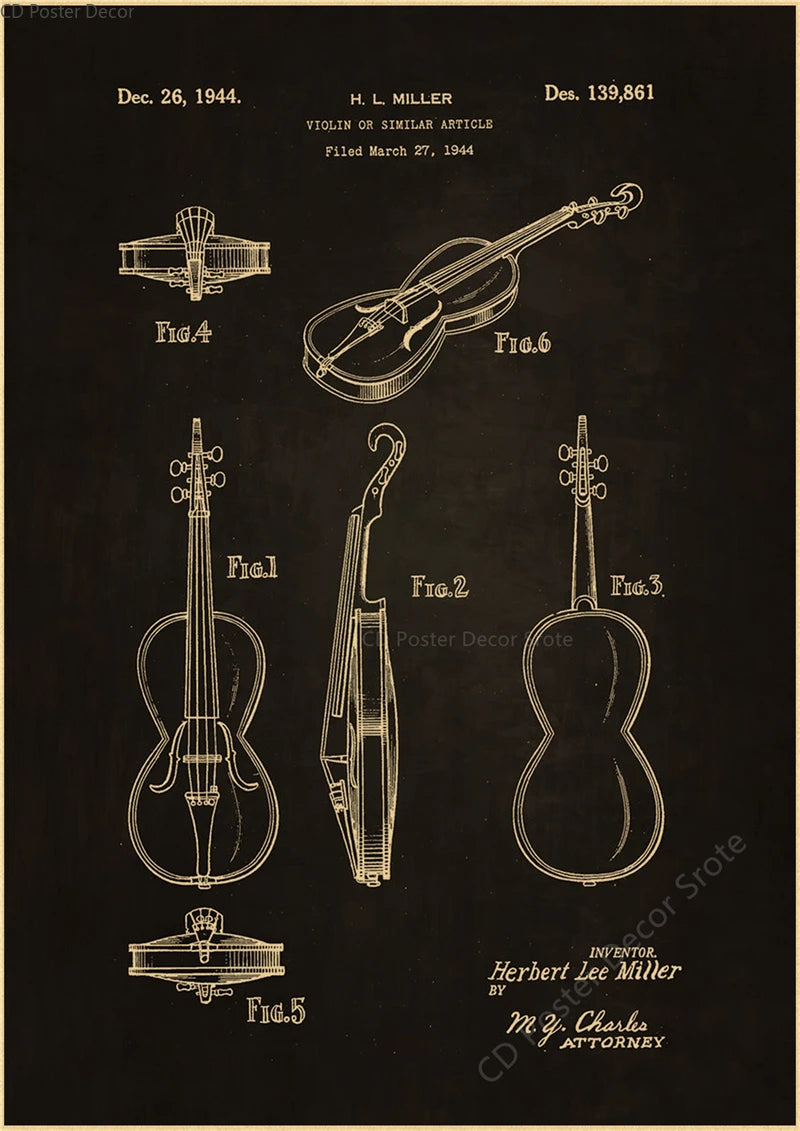 Retro Music Instrument Wall Poster – Trumpet Violin Piano Art Wall Art Poster Axl
