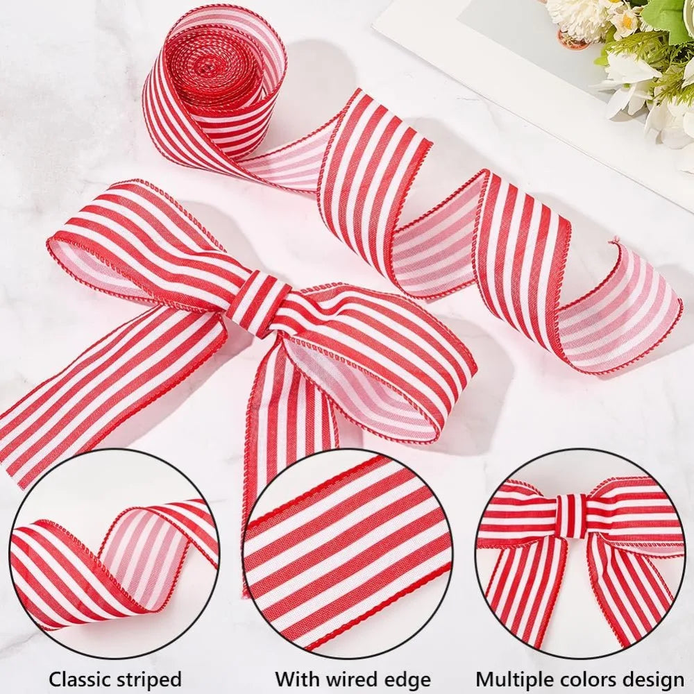 Red & White Striped Wired Ribbon 2" Wide – 10.94 Yards Total Decorative Craft Ribbon Axl