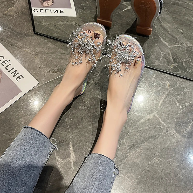 Women's Pearl Flat Slippers – Elegant Transparent Beach Slides Women's Flat Slippers Axl