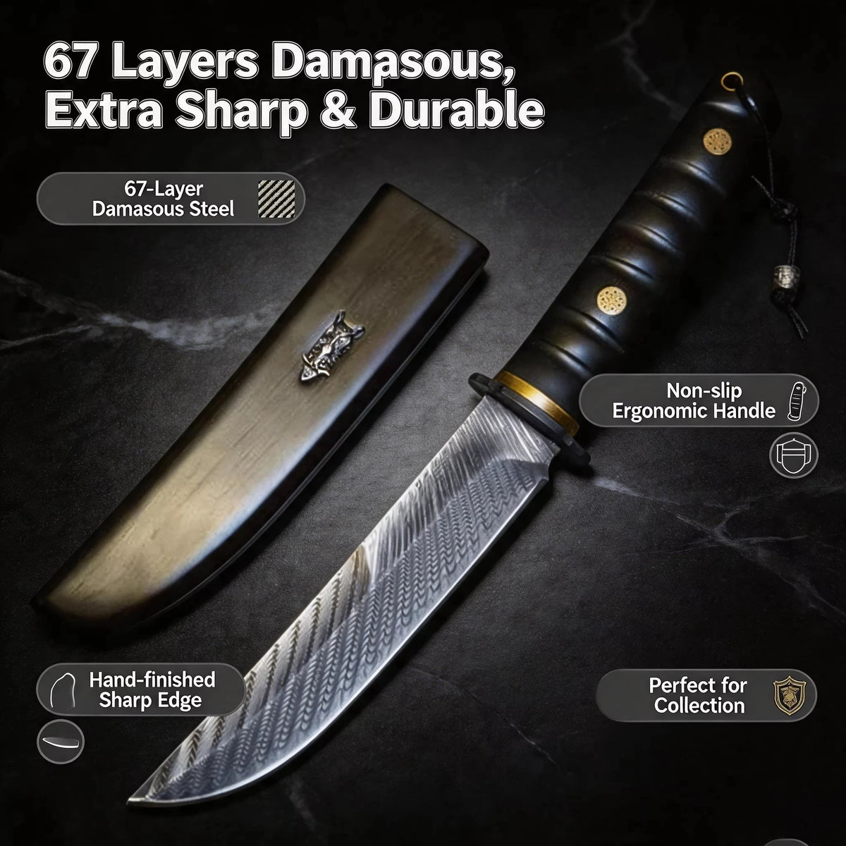 Damascus Steel Kitchen Knife – 62HRC, Ebony Handle & Sheath Damascus Kitchen Knife Axl