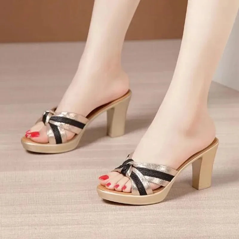 Women's Stripe Bow Block Heel Platform Slides | Summer Slippers Platform Heel Slides Axl